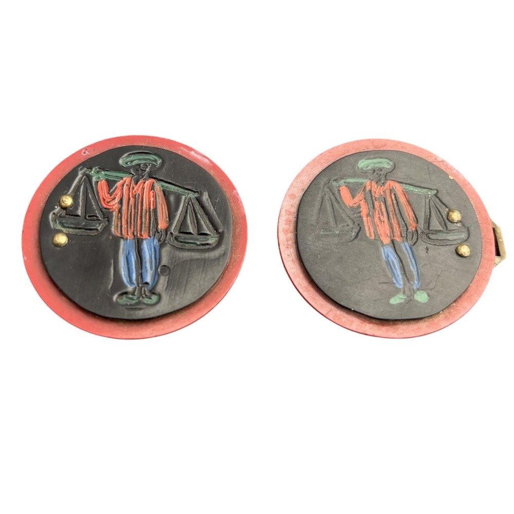 Rare‎ 1930s Hand-Painted Bakelite & Brass Buttons — Oriental Market Scene, Red